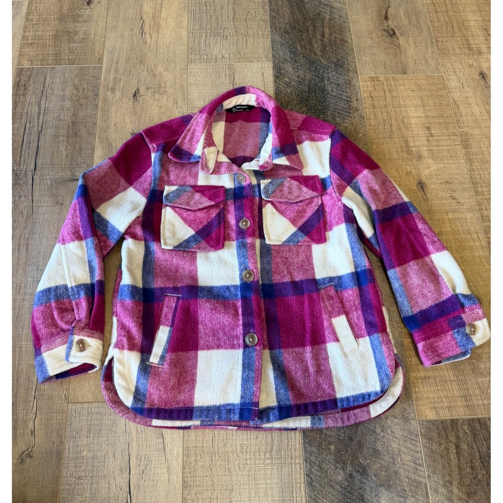 Member's Mark Girls Plaid Shacket Pink Purple White Button Front Size S 6/6X